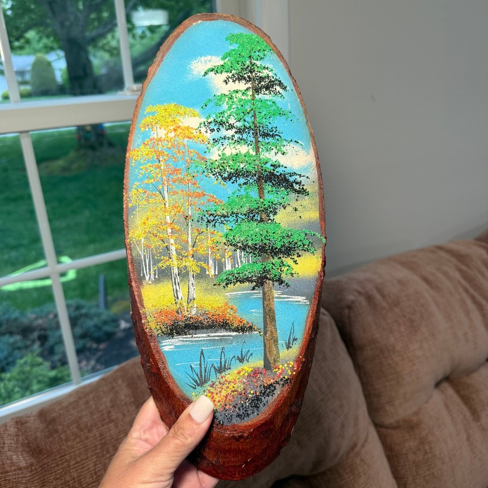 Vintage Hand Painted Live Edge Wood Slab Autumn Forest Lake Landscape Pebble Art - Picture 2 of 12